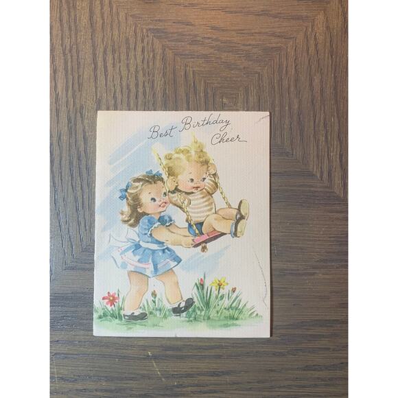 A Girl Pushing A Boy on a Swing, Best Birthday Cheer, Vintage Greeting Card, - Picture 1 of 2
